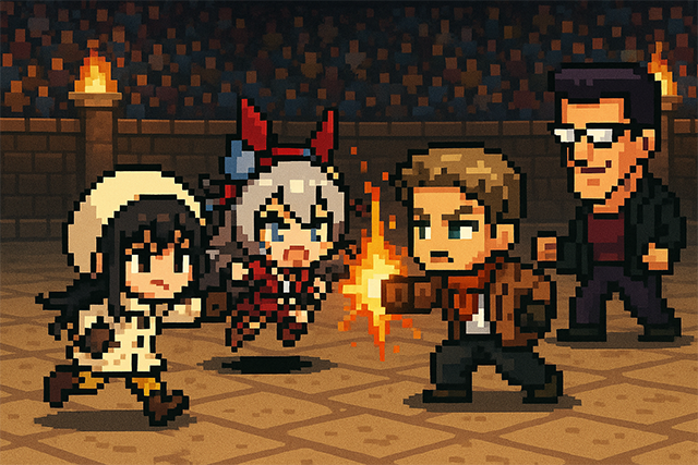 <h1>🔥 バトルゲームシミュレーション開始！</h1>
<p>ヨル・フォージャー＆ロイド・フォージャー VS タマモクロス＆戸愚呂（弟）<br />――――――――――――――</p>
<p>さぁ、<strong>ヨル・フォージャー</strong>と<strong>ロイド・フォージャー</strong>のチームと、 <strong>タマモクロス</strong>と<strong>戸愚呂（弟）</strong>の決戦の日がついにやってきました！<br />両チーム共にやる気満々です！！</p>
<p>　</p>
<h1>■１ターン目</h1>
<p>「ヨル・フォージャーとロイド・フォージャー　VS　タマモクロスと戸愚呂（弟）のタッグバトルを開始します！」</p>
<p>果たして勝つのはどちらなのか！？</p>
<h2>◆パラメータ比較表（開始時）</h2>
<table>
<thead>
<tr>
<th>パラメータ</th>
<th>ヨル</th>
<th>ロイド</th>
<th>タマモクロス</th>
<th>戸愚呂（弟）</th>
</tr>
</thead>
<tbody>
<tr>
<td>HP</td>
<td>850</td>
<td>850</td>
<td>450</td>
<td>850</td>
</tr>
<tr>
<td>最大HP</td>
<td>850</td>
<td>850</td>
<td>450</td>
<td>850</td>
</tr>
<tr>
<td>パワー</td>
<td>700</td>
<td>600</td>
<td>600</td>
<td>900</td>
</tr>
<tr>
<td>スピード</td>
<td><strong>900</strong></td>
<td><strong>900</strong></td>
<td><strong>900</strong></td>
<td>700</td>
</tr>
<tr>
<td>テクニック</td>
<td>91</td>
<td>98</td>
<td>82</td>
<td>88</td>
</tr>
<tr>
<td>運</td>
<td>77</td>
<td>72</td>
<td>74</td>
<td>47</td>
</tr>
<tr>
<td>覚醒</td>
<td>650</td>
<td>750</td>
<td>700</td>
<td>950</td>
</tr>
<tr>
<td>戦闘力</td>
<td>3100</td>
<td>3100</td>
<td>2650</td>
<td><strong>3400</strong></td>
</tr>
<tr>
<td>スキル</td>
<td>先手必勝</td>
<td>先手必勝</td>
<td>先手必勝</td>
<td>超覚醒</td>
</tr>
</tbody>
</table>
<p>スピード比較より、<strong>ヨル → ロイド → タマモクロス → 戸愚呂（弟）</strong> の順で行動します！</p>
<hr />
<h2>◆ヨル・フォージャーの攻撃！</h2>
<h3>●覚醒判定</h3>
<p>運77 → <strong>77%で覚醒</strong><br />→ 判定：<strong>成功！覚醒モード！</strong></p>
<p>「おっと！ヨル・フォージャー、覚醒したぞ！！<br />　でたー！必殺の一撃！！」</p>
<p>先手必勝スキルにより <strong>1ターン目はパワー2倍（700→1400）</strong><br />覚醒で＋650 → <strong>最終パワー 2050</strong></p>
<h3>●攻撃ターゲット</h3>
<p>ランダムターゲット → <strong>タマモクロス</strong></p>
<h3>●攻撃割合計算</h3>
<p>(攻撃側テク 91 − 防御側テク 82 = 9)<br />9 + 10 = 19<br />19 × 0.01 = 0.19<br />0.19 × 2 = <strong>0.38（攻撃割合最終）</strong></p>
<p>ダメージ：2050 × 0.38 = <strong>779</strong></p>
<h3>●クリティカル判定</h3>
<p>(テク91＋運77)÷2 = <strong>84%</strong></p>
<p>→ 判定：<strong>成功！クリティカル！！</strong></p>
<p>「クリティカルヒット！！」</p>
<p>→ 最終ダメージ <strong>1558</strong></p>
<p>タマモクロスのHP：450 − 1558 = <strong>0</strong><br />「ああっと！！タマモクロスは立てない！戦闘不能だ！」</p>
<hr />
<h2>◆ロイド・フォージャーの攻撃！</h2>
<h3>●覚醒判定</h3>
<p>運72 → 72%判定 → <strong>失敗</strong><br />覚醒なしで攻撃へ移行します。</p>
<h3>●攻撃ターゲット</h3>
<p>唯一残る相手 → <strong>戸愚呂（弟）</strong></p>
<p>先手必勝によりパワー600→<strong>1200</strong></p>
<h3>●攻撃割合</h3>
<p>(98 − 88 = 10)<br />10 + 10 = 20<br />20 × 0.01 = 0.2<br />0.2 × 2 = <strong>0.4</strong></p>
<p>ダメージ：1200 × 0.4 = <strong>480</strong></p>
<h3>●クリティカル判定</h3>
<p>(98＋72)÷2＝<strong>85%</strong> → 成功！</p>
<p>「クリティカルヒット！！」</p>
<p>→ 最終ダメージ <strong>960</strong></p>
<p>戸愚呂（弟）のHP：850 − 960 = <strong>0</strong><br />「ああっと！！戸愚呂（弟）は立てない！戦闘不能だ！」</p>
<hr />
<h2>■１ターン目終了</h2>
<p>なんと１ターン目でタマモクロスと戸愚呂（弟）が両方戦闘不能！<br />危なげなく勝負が決してしまいました！</p>
<p>「ああ！タマモクロスと戸愚呂（弟）、全員戦闘不能です！<br />　勝者はヨル・フォージャーとロイド・フォージャーです！！！<br />　次の試合もご期待ください！」</p>
<hr />
<h1>■今回のバトルの感想</h1>
<p>今回の戦いは、まさに“高速決着”と呼ぶにふさわしい展開でした。 ヨル・フォージャーの高確率覚醒と先手必勝の爆発力が見事に噛み合い、タマモクロスを一撃で仕留める圧巻のスタートとなりました。</p>
<p>続くロイドも抜群のテクニックとクリティカル率で精確な一撃を叩き込み、戸愚呂（弟）をも即座に沈める結果となりました。</p>
<p>本来ならば強靭な力を誇る戸愚呂（弟）が戦場を支配するはずでしたが、その隙すら与えないほどのスピードと判断力が光り、圧倒的なタッグコンビネーションが勝敗を左右しました。 次回はどんな激戦が待ち受けているのか、期待が高まります。</p>